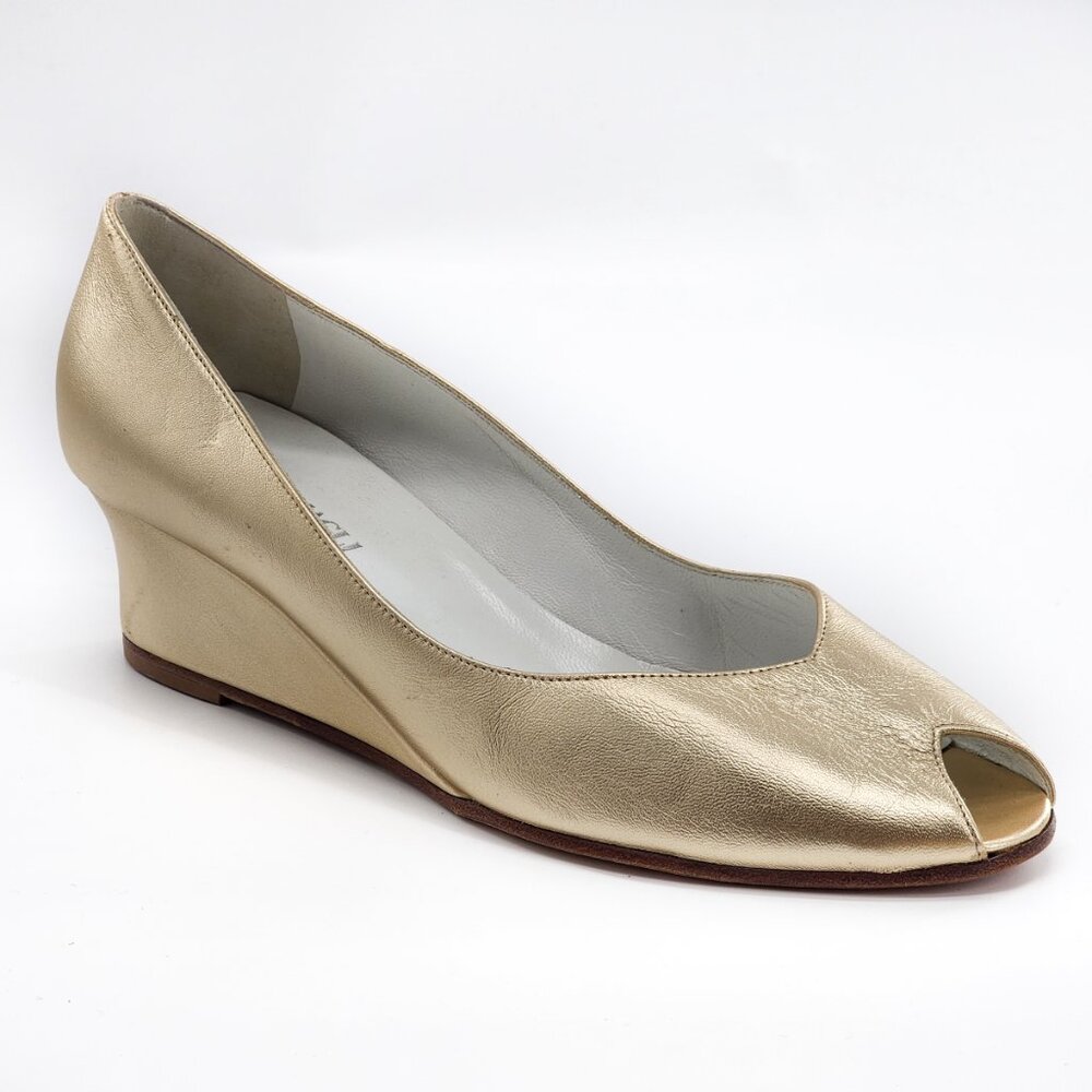 BRUNO MAGLI Carrera Peep Toe Gold Metallic Leather Wedge Pump Heels